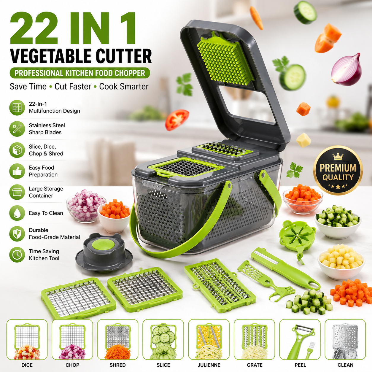 22 In 1 Vegetable Cutter With Stainless Steel Blades And Interchangeable Accessories Multipurpose Kitchen Slicer Tool