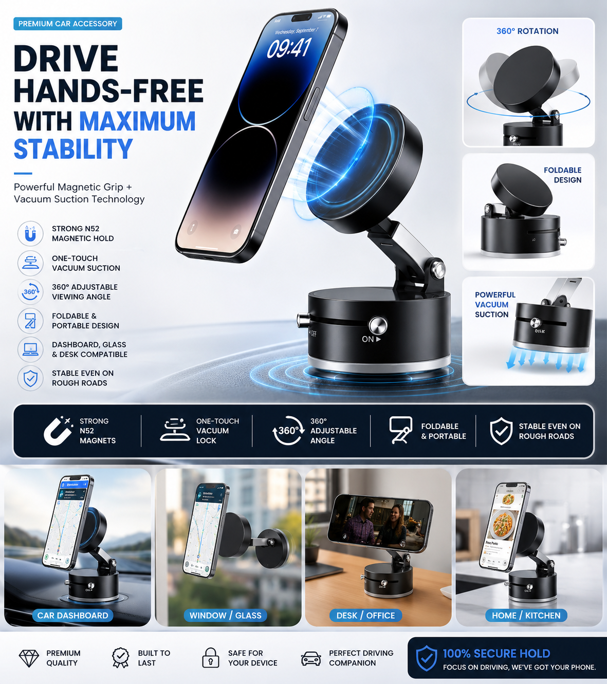 360° Rotating Magnetic Car Phone Holder – Strong Suction Dashboard Mount for All Smartphones