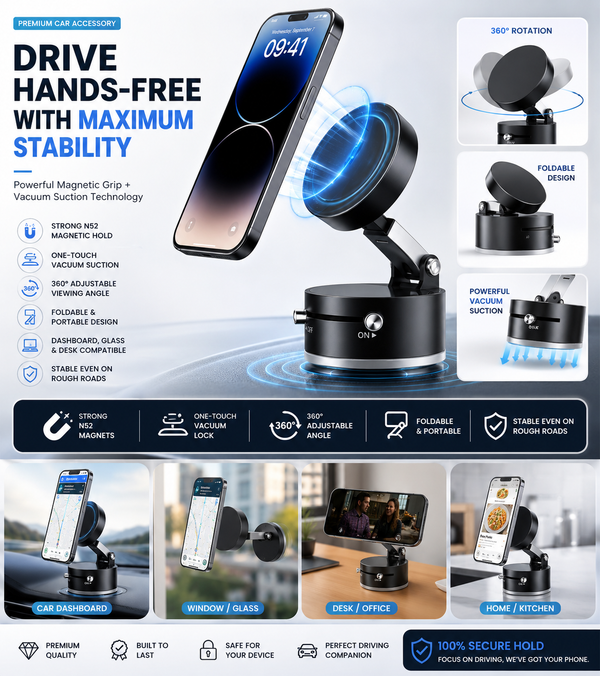 360° Rotating Magnetic Car Phone Holder – Strong Suction Dashboard Mount for All Smartphones