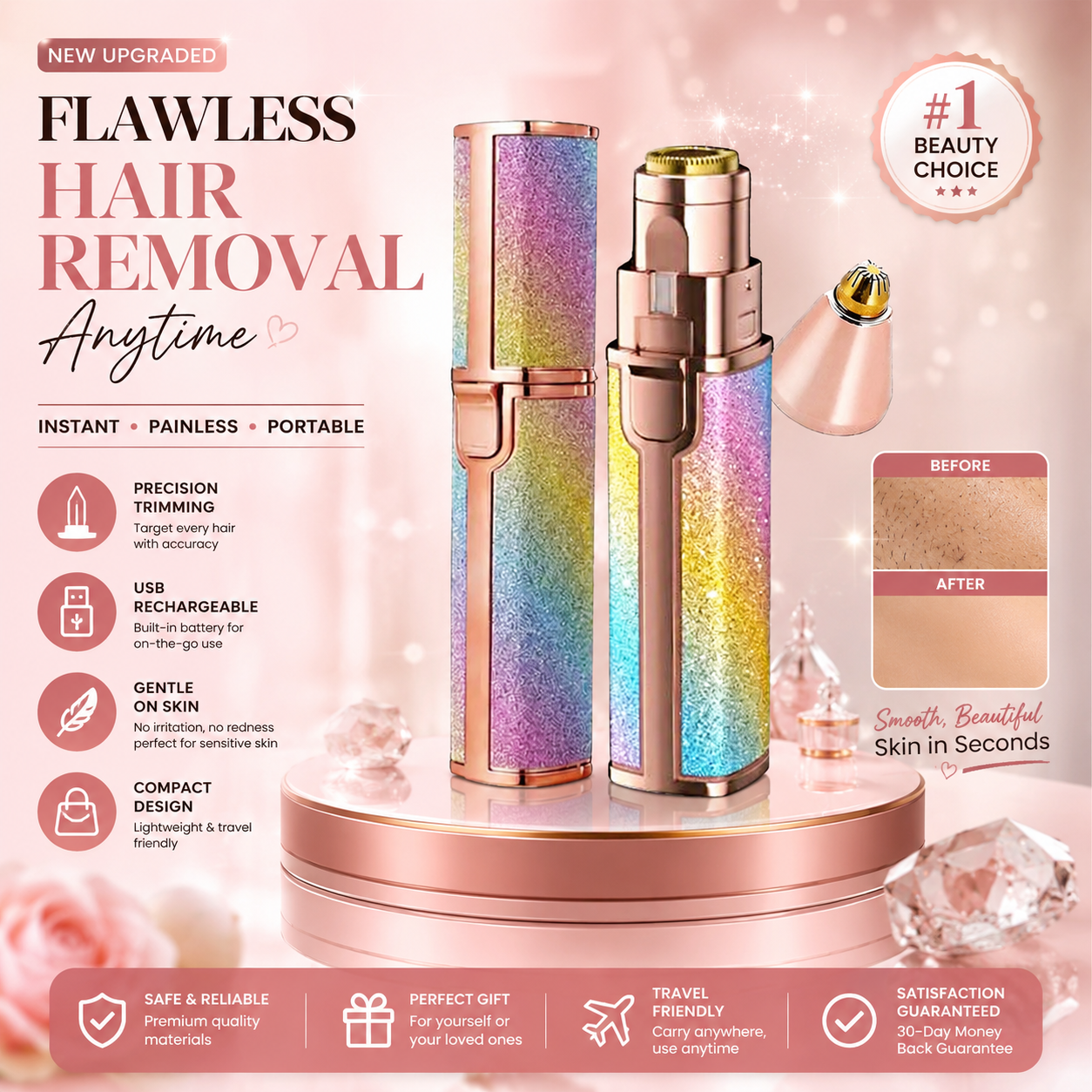 2-in-1 Flawless Eyebrow Trimmer | USB Rechargeable 2in1 Flawless Trimmer With Wire & Cleaning Brush | Eyebrow & Upper Lips Trimmer For Women (Rechargeable)