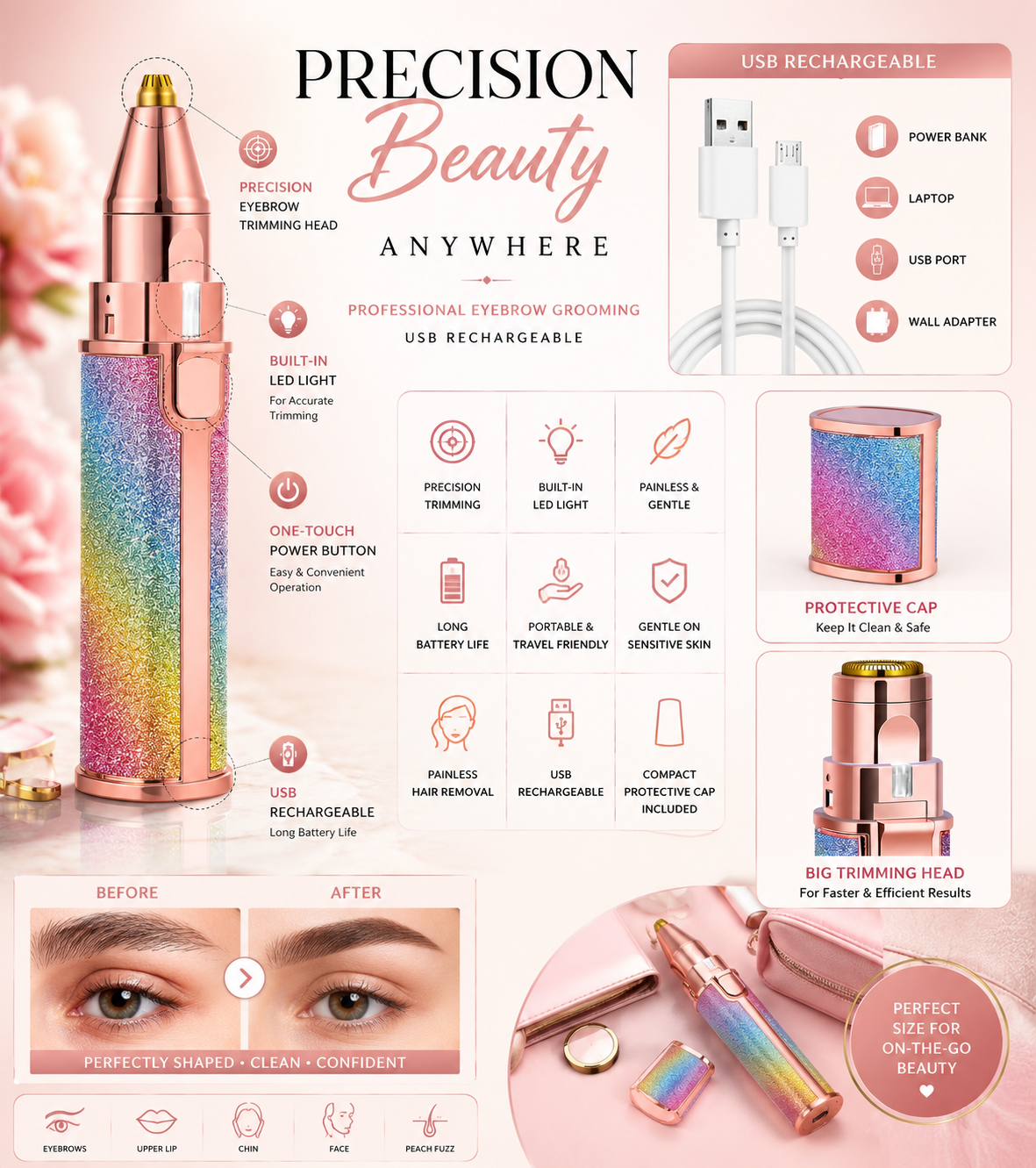 2-in-1 Flawless Eyebrow Trimmer | USB Rechargeable 2in1 Flawless Trimmer With Wire & Cleaning Brush | Eyebrow & Upper Lips Trimmer For Women (Rechargeable)
